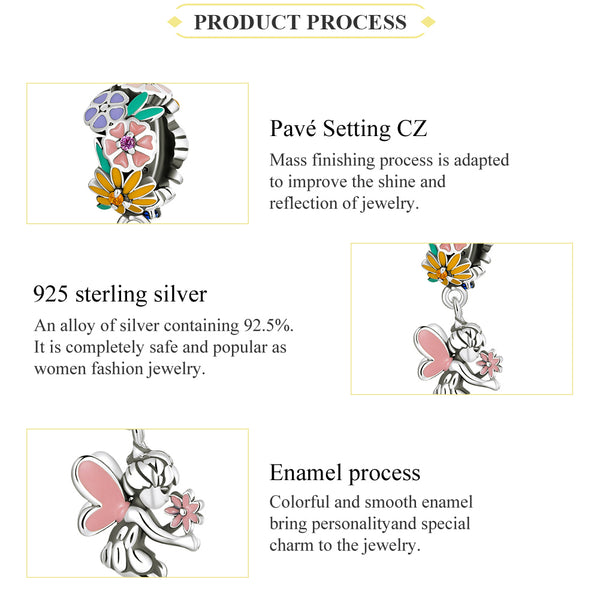 Presentski Silver Flower Fairy Pendant Colorful Peter Pan Fairy Tale S925 Charm Bead for Bracelet Girls DIY