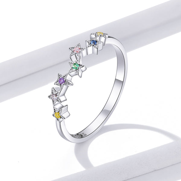 Presentski Dainty Star Ring Color Cubic Zirconia Star Ring 925 Sterling Silver Rainbow Finger Rings for Women Girls Teens