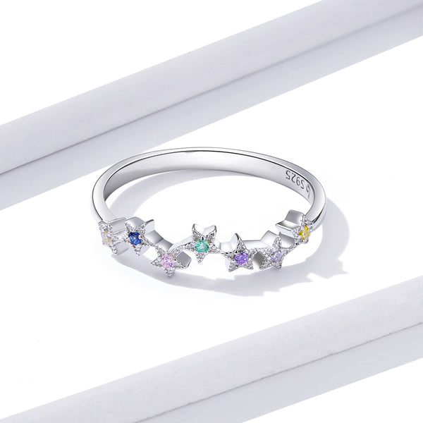 Presentski Dainty Star Ring Color Cubic Zirconia Star Ring 925 Sterling Silver Rainbow Finger Rings for Women Girls Teens