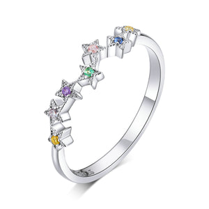 Presentski Dainty Star Ring Color Cubic Zirconia Star Ring 925 Sterling Silver Rainbow Finger Rings for Women Girls Teens