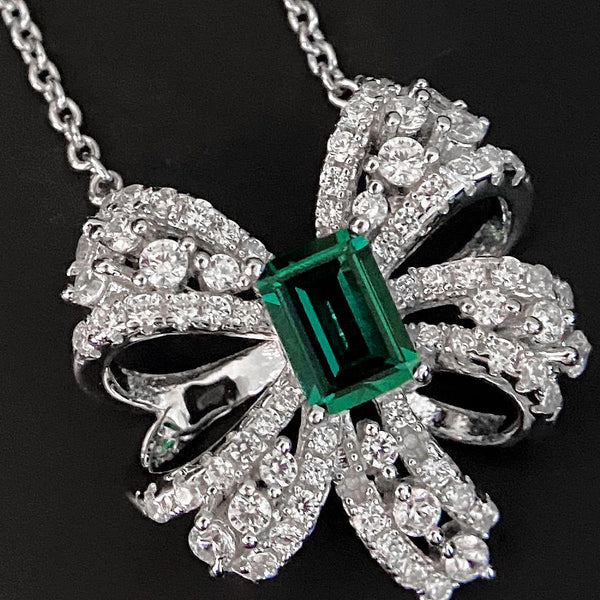 Bowtie Lab-Created Emerald 925 Sterling Silver Necklace