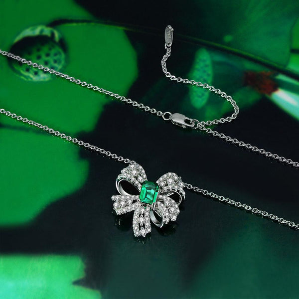 Bowtie Lab-Created Emerald 925 Sterling Silver Necklace