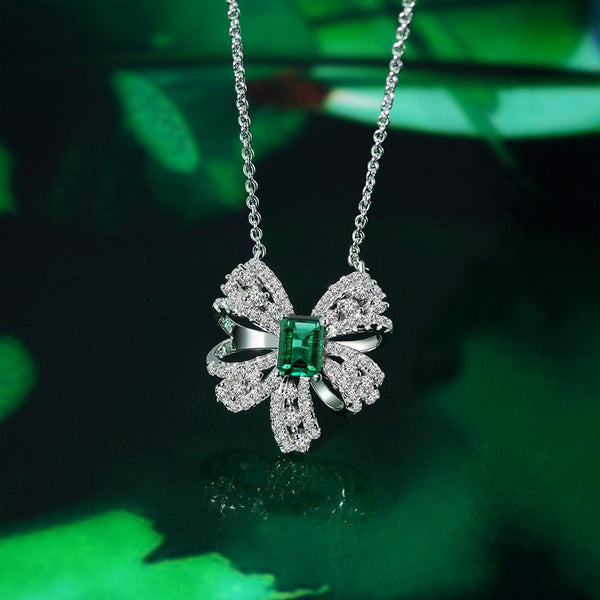 Bowtie Lab-Created Emerald 925 Sterling Silver Necklace