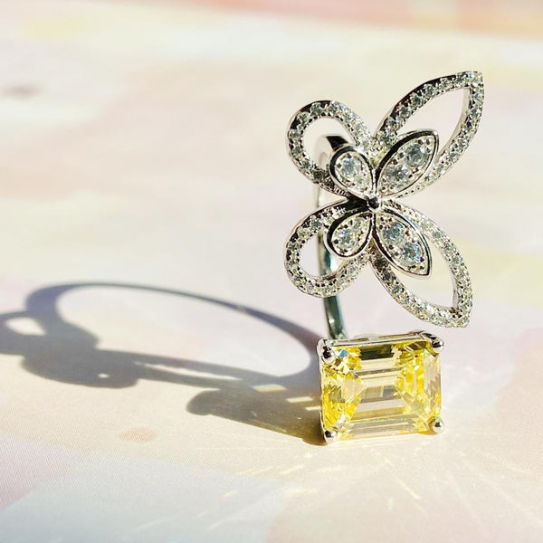 Butterfly Emerald Cut 925 Sterling Silver Yellow Ring