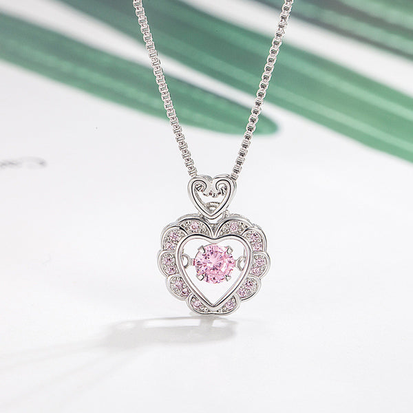 [TN050] Presentski Pink Stone Dancing Heart Necklace