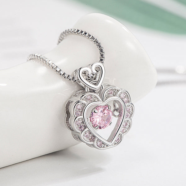 [TN050] Presentski Pink Stone Dancing Heart Necklace