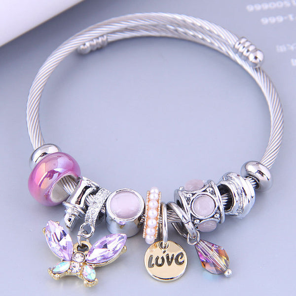 [Charm Bangle Set TKHP-CB02] Presentski Charm Bracelet Adjustable Stainless Steel Bangle