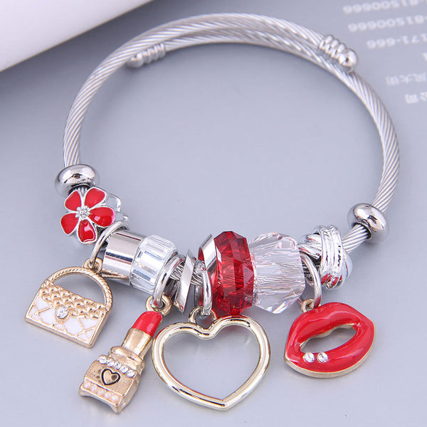 [Charm Bangle Set TKHP-CB02] Presentski Charm Bracelet Adjustable Stainless Steel Bangle