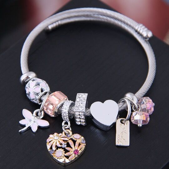 [Charm Bangle Set TKHP-CB02] Presentski Charm Bracelet Adjustable Stainless Steel Bangle