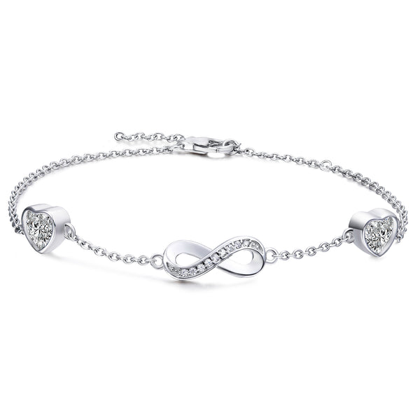 Presentski Infinity Birthstone Bracelet 925 Sterling Silver Adjustable Infinity Symbol Heart Bracelets with 2 Cubic Zirconia Charms Friendship Bangle Birthday Jewellery Gifts for Women Girls