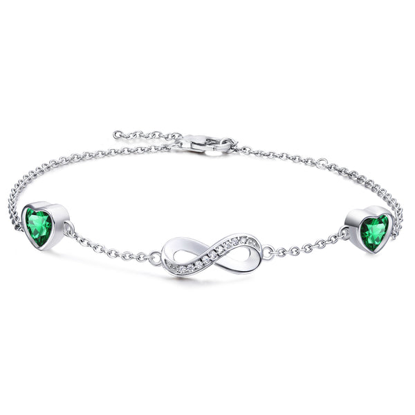 Presentski Infinity Birthstone Bracelet 925 Sterling Silver Adjustable Infinity Symbol Heart Bracelets with 2 Cubic Zirconia Charms Friendship Bangle Birthday Jewellery Gifts for Women Girls