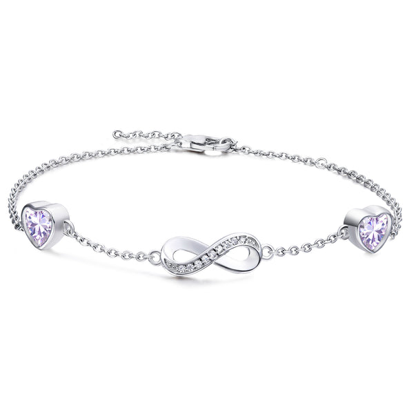 Presentski Infinity Birthstone Bracelet 925 Sterling Silver Adjustable Infinity Symbol Heart Bracelets with 2 Cubic Zirconia Charms Friendship Bangle Birthday Jewellery Gifts for Women Girls