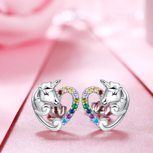 Presentski Unicorn Stud Earrings 925 Sterling Silver Hypoallergenic Piercing Earrings Studs Cute Animal Christmas Birthday Gifts for Girls Women