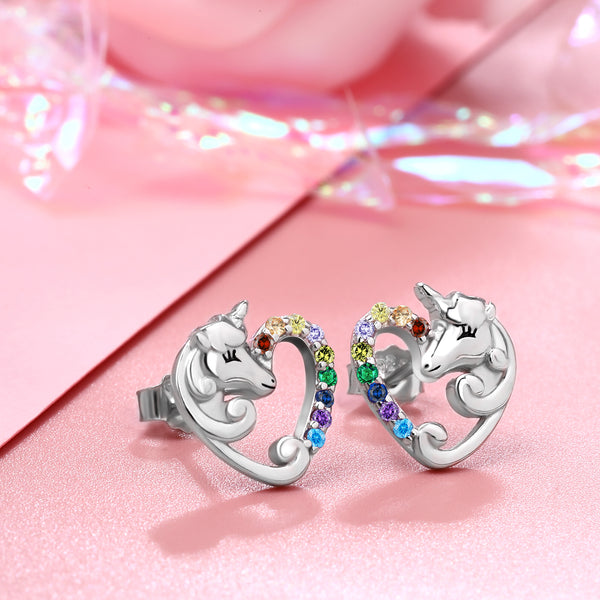 Presentski Unicorn Stud Earrings 925 Sterling Silver Hypoallergenic Piercing Earrings Studs Cute Animal Christmas Birthday Gifts for Girls Women