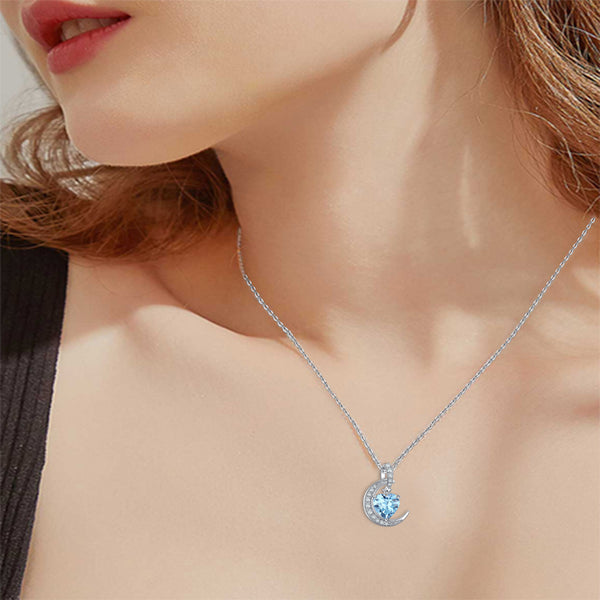 Presentski Birthstone Necklace Crescent Moon - Sterling Silver 925 Heart Pendant Dainty Halo Necklaces Birthstones Jewelry Gifts for Women Wife Girls