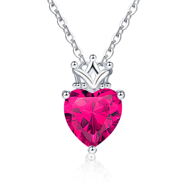 Presentski Birthstone Heart with Crown Pendant Necklace 925 Sterling Silver Love Heart Princess Queen Crown Necklaces Cubic Zirconia Necklaces Birthday Gift for Girls Women