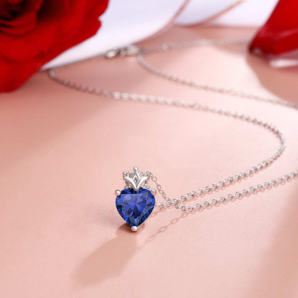 Presentski Birthstone Heart with Crown Pendant Necklace 925 Sterling Silver Love Heart Princess Queen Crown Necklaces Cubic Zirconia Necklaces Birthday Gift for Girls Women