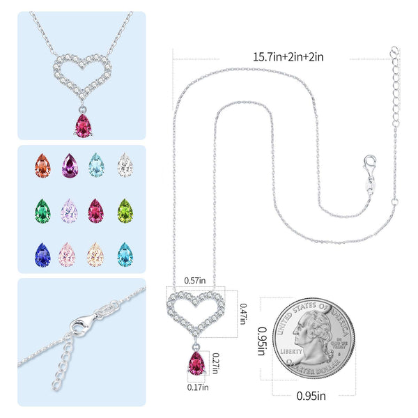 Presentski Forever Love Heart Pendant Y Necklaces 925 Sterling Silver with 12 Birthstone Zirconia Pendant Jewelry Gift of Birthday Valentine’s Day Mother’s Day Christmas Gift for Women Girls