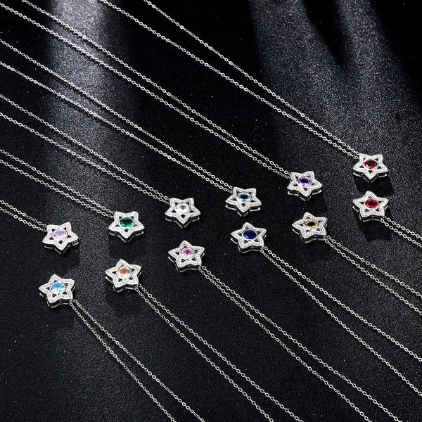 Presentski Birthstone Star Pendant Necklace 925 Sterling Silver Dainty Star Necklaces Cubic Zirconia Necklaces Birthday Gift for Girls Women