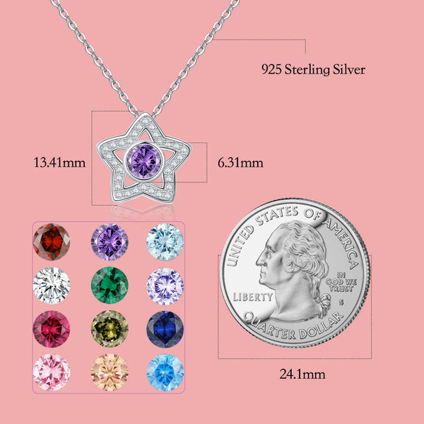 Presentski Birthstone Star Pendant Necklace 925 Sterling Silver Dainty Star Necklaces Cubic Zirconia Necklaces Birthday Gift for Girls Women