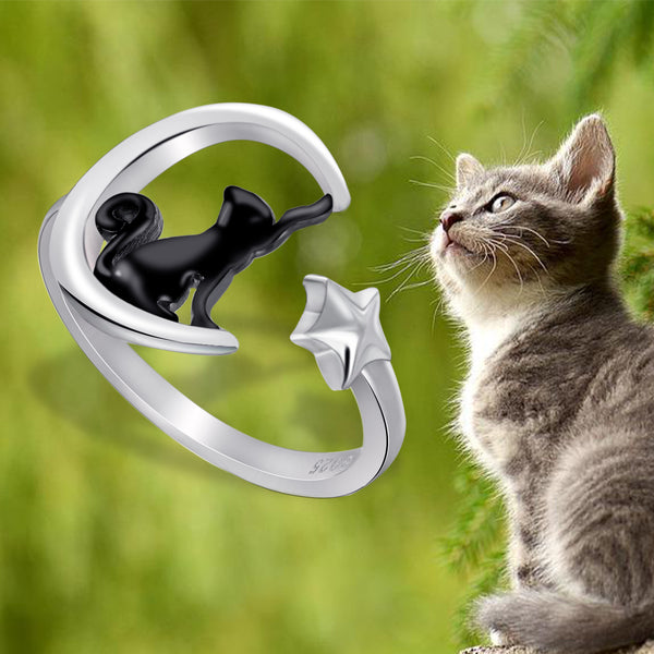 Presentski 925 Sterling Silver Black Cat Star Adjustable Ring