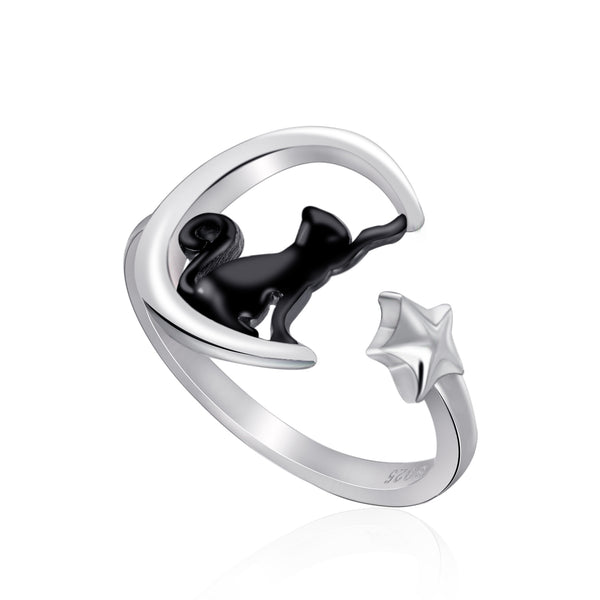 Presentski 925 Sterling Silver Black Cat Star Adjustable Ring