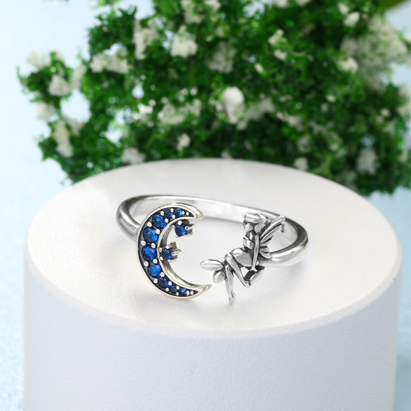 Presentski 925 Sterling  Silver Moon and Fairy Adjustable Ring