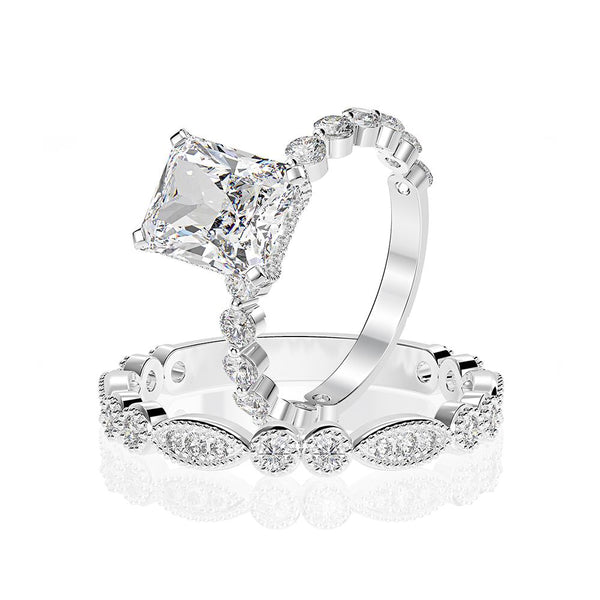 Radiant Cut 925 Sterling Silver Engagement Ring Set