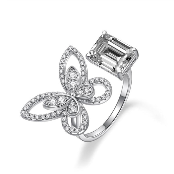 Butterfly Emerald Cut 925 Sterling Silver White Ring