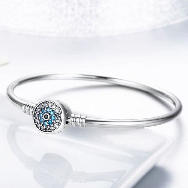 Presentski High Quality Authentic S925 Blue Evil Eyes Clear CZ Snake Chain Charm Bangle & Bracelet