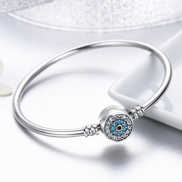 Presentski High Quality Authentic S925 Blue Evil Eyes Clear CZ Snake Chain Charm Bangle & Bracelet