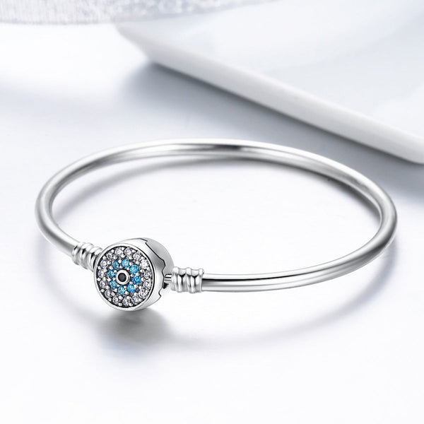 Presentski High Quality Authentic S925 Blue Evil Eyes Clear CZ Snake Chain Charm Bangle & Bracelet