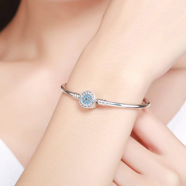 Presentski High Quality Authentic S925 Blue Evil Eyes Clear CZ Snake Chain Charm Bangle & Bracelet