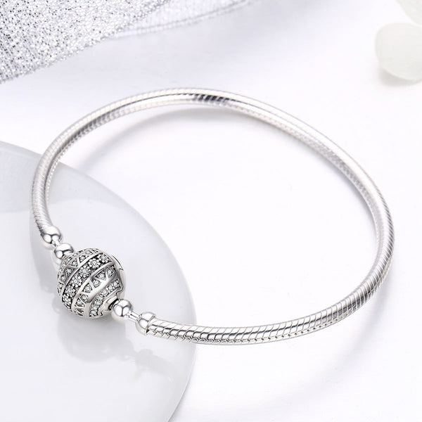 Presentski 925 Sterling Silver Dazzling Clear CZ Round Clasp Snake Chain Bracelet