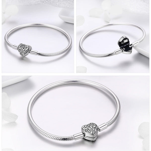 Presentski Sterling Silver Love Forever Round Clasp Snake Chain Bracelets Women