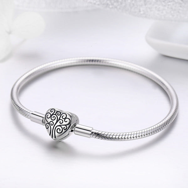 Presentski Sterling Silver Spring Tree of Life Heart Shape Clasp Snake Chain Bracelet