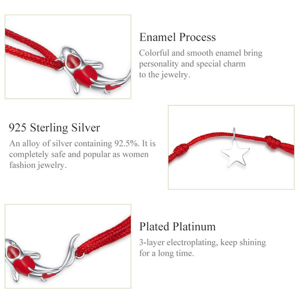 Presentski Koi Red String Bracelet 925 Sterling Silver Lucky Red Carp Fish Sparkling Star 5-10 Inch (13-26cm) Adjustable Rope Dainty Jewelry Gift for Women Girls