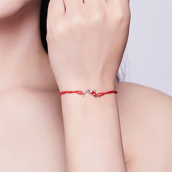 Presentski Koi Red String Bracelet 925 Sterling Silver Lucky Red Carp Fish Sparkling Star 5-10 Inch (13-26cm) Adjustable Rope Dainty Jewelry Gift for Women Girls