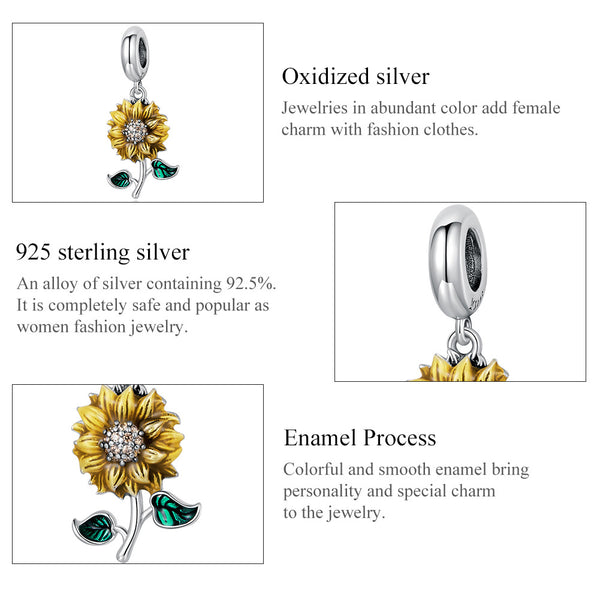 Presentski Retro S925 Sunflower Charm Pendant fit for Women Original Bracelet or Necklace