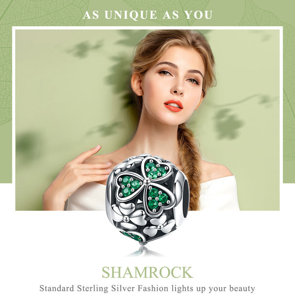 Presentski Silver Shamrock Flower Green CZ Beads Four-Leaf Clover Charm fit Bracelet Necklace DIY Making