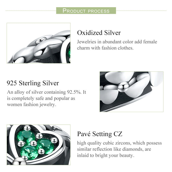 Presentski Silver Shamrock Flower Green CZ Beads Four-Leaf Clover Charm fit Bracelet Necklace DIY Making