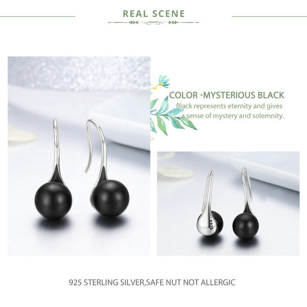 Presentski Black Pearl Dangle Earrings 925 Sterling Silver Classic Round Pearl Tear Drop Hook Earrings Jewelry Birthday Gifts for Women