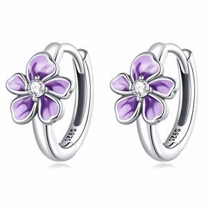 Presentski Flower Huggie Hoop Earrings for Women 925 Sterling Silver Purple Flower Small Hoop Earrings Hypoallergenic Sleeper Earrings for Daughter Girls Teen