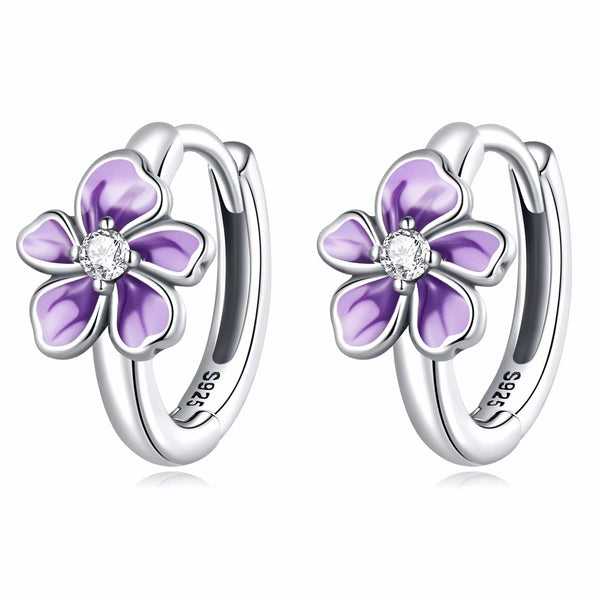 Presentski Flower Huggie Hoop Earrings for Women 925 Sterling Silver Purple Flower Small Hoop Earrings Hypoallergenic Sleeper Earrings for Daughter Girls Teen