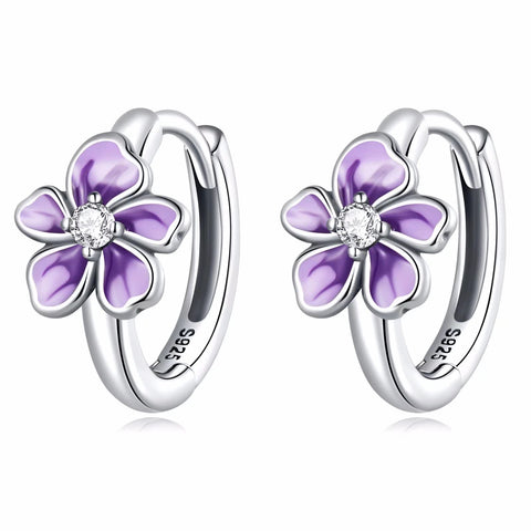 Presentski Flower Huggie Hoop Earrings for Women 925 Sterling Silver Purple Flower Small Hoop Earrings Hypoallergenic Sleeper Earrings for Daughter Girls Teen