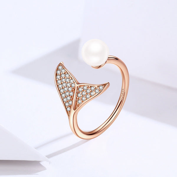 Presentski Mermaid Tail Ring, S925 Sterling Silver Dolphin Tail Adjustable Finger Ring for Women Girls Open Ring with Blue Cubic Zirconia& Shell Pearl Valentine's Day Mother's Day Gift