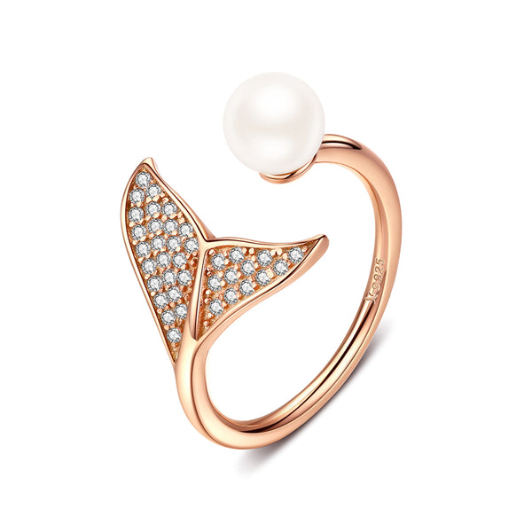 Presentski Mermaid Tail Ring, S925 Sterling Silver Dolphin Tail Adjustable Finger Ring for Women Girls Open Ring with Blue Cubic Zirconia& Shell Pearl Valentine's Day Mother's Day Gift