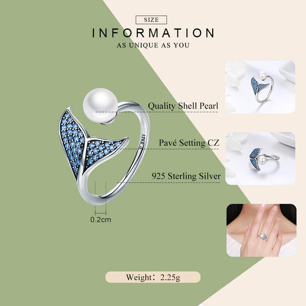 Presentski Mermaid Tail Ring, S925 Sterling Silver Dolphin Tail Adjustable Finger Ring for Women Girls Open Ring with Blue Cubic Zirconia& Shell Pearl Valentine's Day Mother's Day Gift