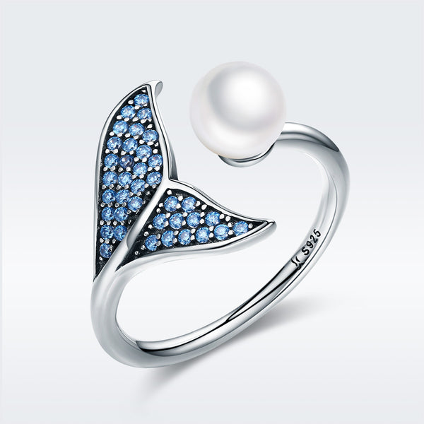 Presentski Mermaid Tail Ring, S925 Sterling Silver Dolphin Tail Adjustable Finger Ring for Women Girls Open Ring with Blue Cubic Zirconia& Shell Pearl Valentine's Day Mother's Day Gift