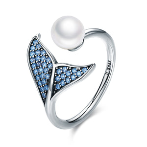 Presentski Mermaid Tail Ring, S925 Sterling Silver Dolphin Tail Adjustable Finger Ring for Women Girls Open Ring with Blue Cubic Zirconia& Shell Pearl Valentine's Day Mother's Day Gift